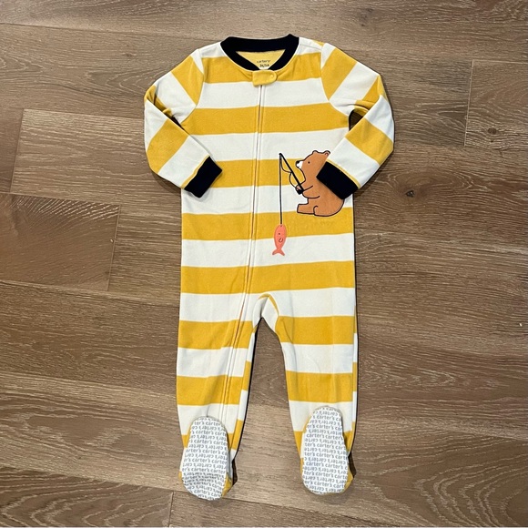 Carter’s Fleece Footie Pajamas Boys Size: 3T Striped White and Yellow Bear PJS - Picture 1 of 7